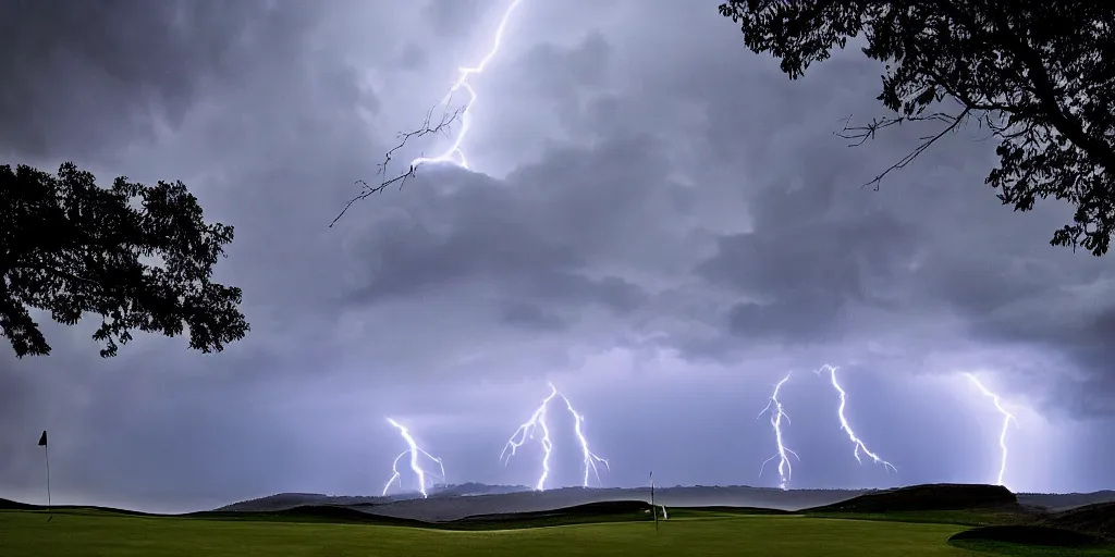 Image similar to a great photograph of the most amazing golf hole in the world, on top of the clouds, lightning storm, ambient light, golf digest, top 1 0 0, fog
