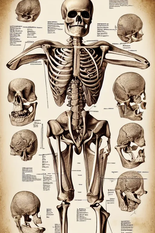 Prompt: anatomical encyclopedia illustration of a human skeleton, photorealistic, diagram, intricate details