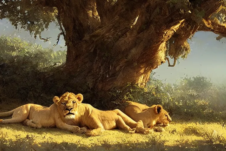 Image similar to lion and cubs resting under a tree in the morning, beautiful painting, greg rutkowski, james gurney, artstation.