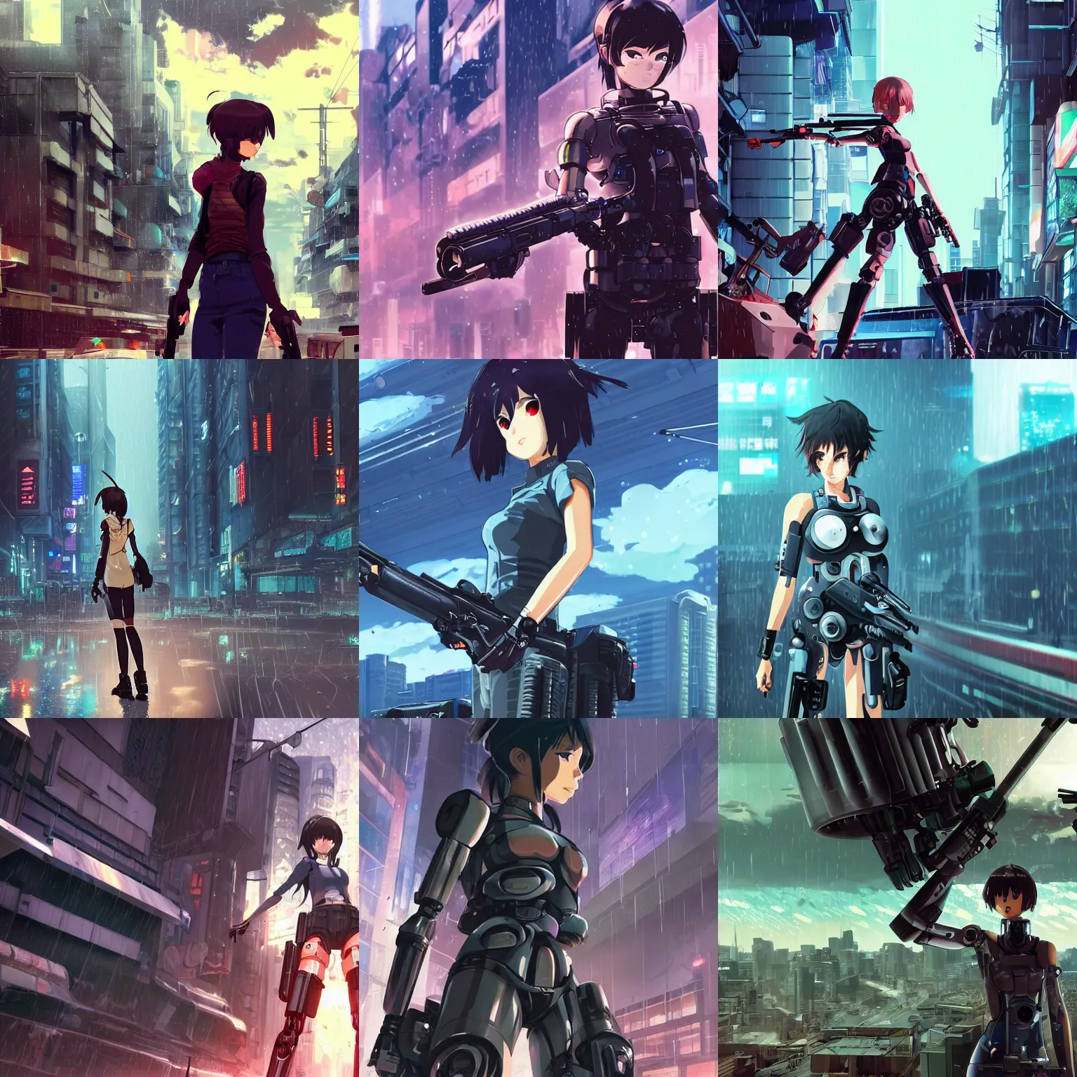 Prompt: android mechanical cyborg girl with guns in overcrowded urban dystopia raining makoto shinkai wide angle