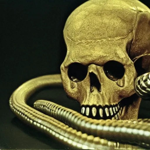 Prompt: large metallic skull attached to a long, coiled snake, stoic and calm, cinematic Eastman 5384 film