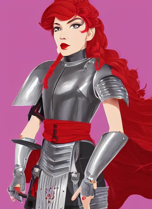 Image similar to a young woman in full plate armor with beautiful hair and red lips stages in a dramatic pose. she is a knight. clean cel shaded vector art. shutterstock. behance hd by lois van baarle, artgerm, helen huang, by makoto shinkai and ilya kuvshinov, rossdraws, illustration, art by ilya kuvshinov