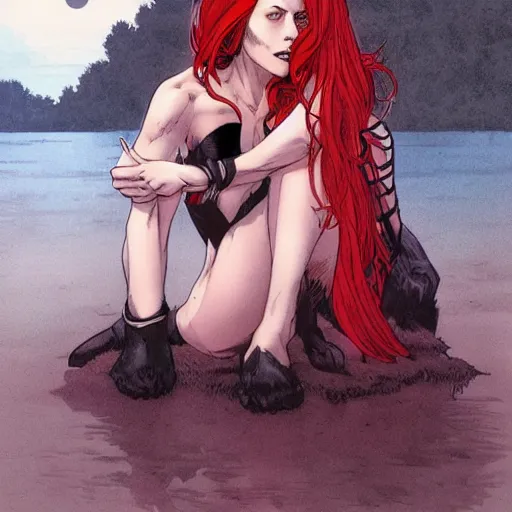 Image similar to a beautiful comic book illustration of a vampire woman with long red hair sitting near a lake by Jerome Opeña, featured on artstation