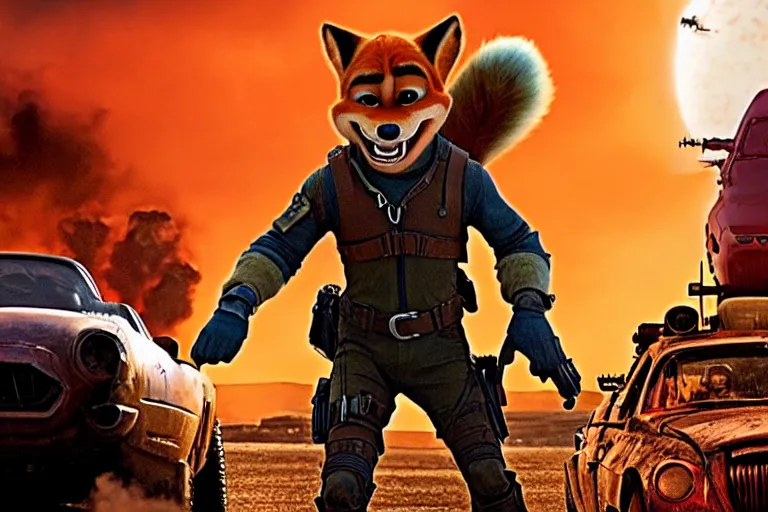 Image similar to nick wilde, heavily armed and armored facing down armageddon in a dark and gritty reboot from the makers of mad max : fury road