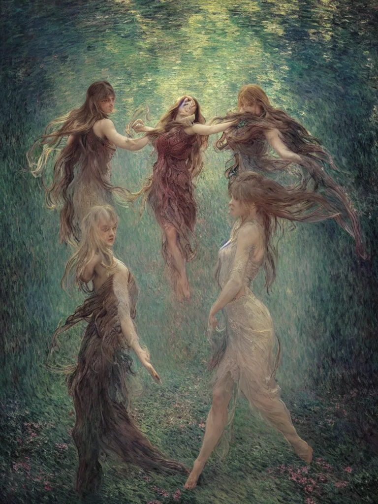 Prompt: illustration studio portrait of three dark beautiful seraphim female energy dancing in artistic poses in a coven at the forest, a big firepit emerges, monet painterly motives and textures pattern, hyper detailed, octane render, vivid colors, artstation, by jeremy mann, by alphonse mucha, by monet