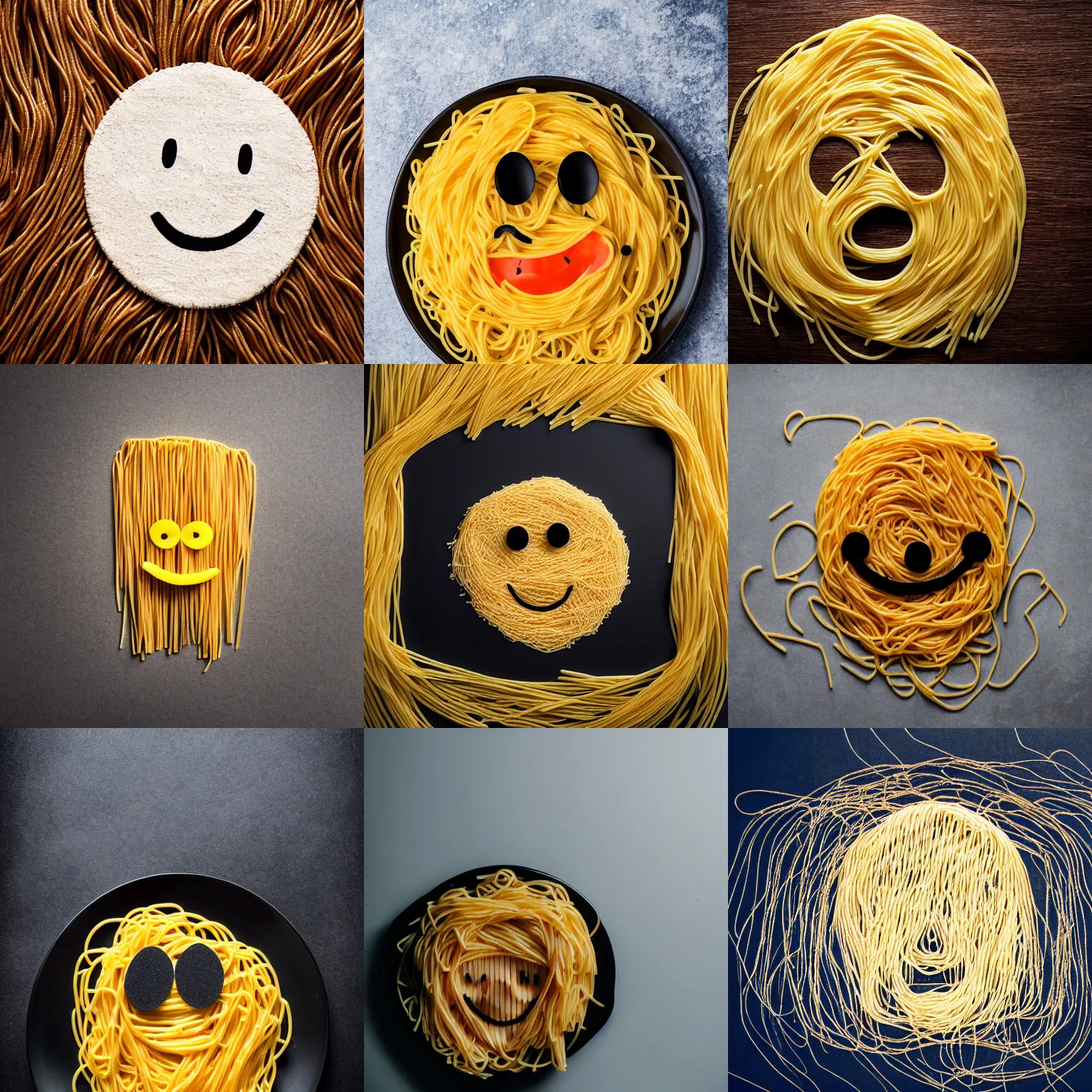 Prompt: smiling face made of spaghetti. foggy background. professional studio photography.