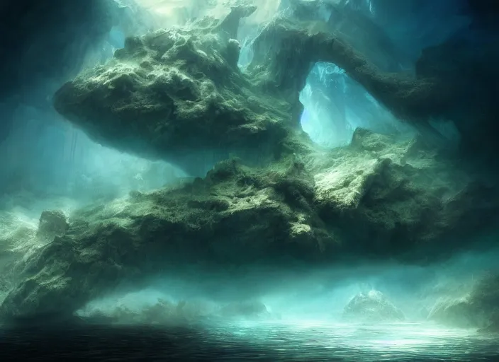 Image similar to underwater in the lake of an alien planet, digital art, detailed, artgerm, artstation, deviant art, by kim keever