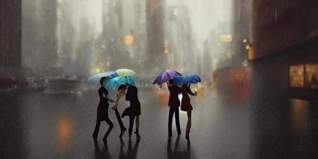 Image similar to a ultra photorealistic and sharp film still trough a raincovered window on a rainy but colourful day in new york. sparkling lights, people with umbrellas standing in the street, wide shot, frog perspective, wes anderson, studio ghibli, pixar and disney animation, octane render, anime key art by greg rutkowski, dramatic lighting, award winning photography