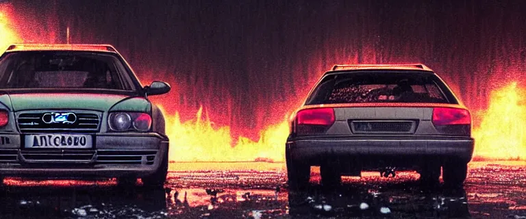 Image similar to Audi A4 B6 Avant (2002), a gritty neo-noir, dramatic lighting, cinematic, eerie person, death, homicide, homicide in the snow, viscera splattered all over the car, gunshots, establishing shot, extremely high detail, photorealistic, arson, burning city, cinematic lighting, artstation, by simon stalenhag, Max Payne (PC) (2001) winter New York at night, In the style of Max Payne 1 graphic novel, flashing lights, Poets of the Fall - Late Goodbye