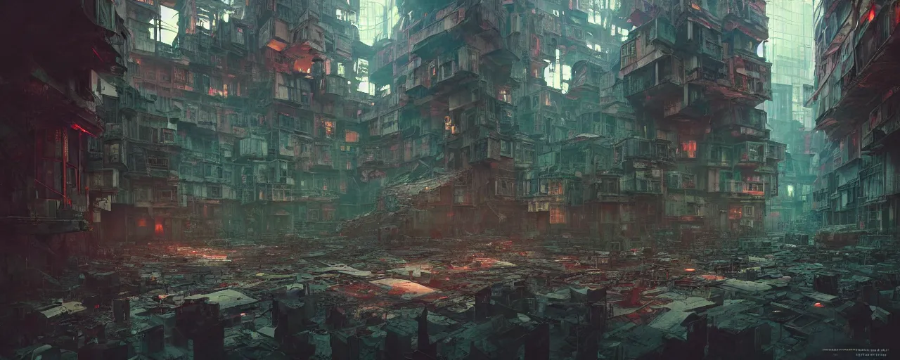 Image similar to duotone noir concept illustration inside of kowloon walled city stimulus overload, octane render, concept hideo kojima surreal atmosphere, abandoned buildings volumentric lighting. cosmic horror. accidental renaissance. by sachin teng and sergey kolesov and ruan jia and heng z. graffiti art, scifi, fantasy, hyper detailed. trending on artstation