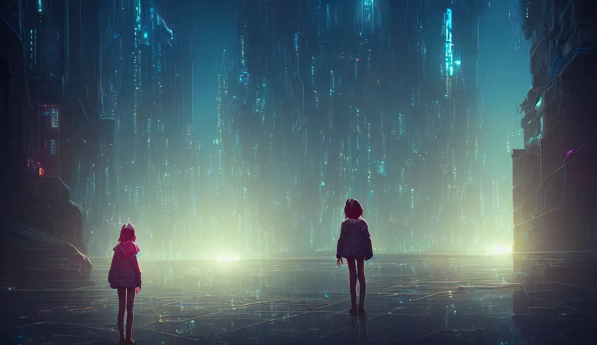 Image similar to girl staring at a meteorite hitting a floating cyberpunk city at night by wlop, low poly art, ultra detailed color art, high detail, digital art