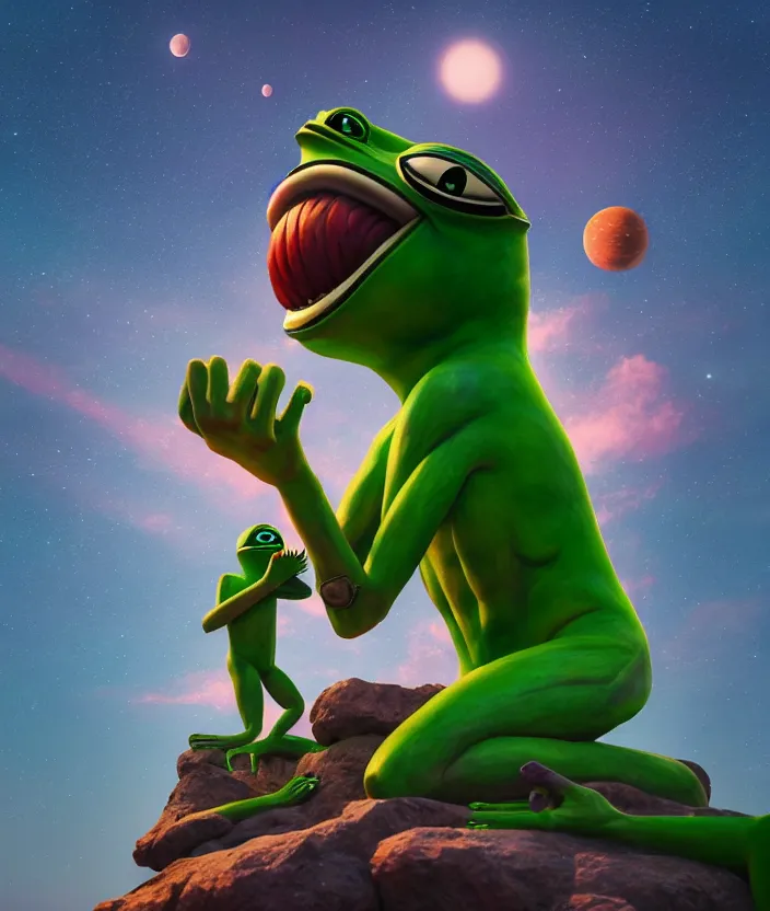 Image similar to giant pepe anunnaki statue, full body, planets, sky, dream, highly detailed, digital painting, refreshing, trending on artstation, octane render, illustration by james jean