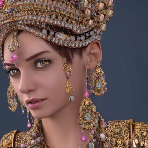 Image similar to portrait of beautiful princess. ornate and intricate jewelry. ethereal background lighting. 4 k. octane render.