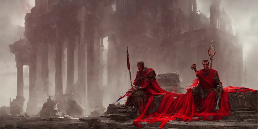 Image similar to the end is near. a tired julius caesar is sitting on his throne. face is highly detailed. splices of red are running down his toga. mist. color scheme red. low angle medium shot. imagined by greg rutkowski and andreas rocha