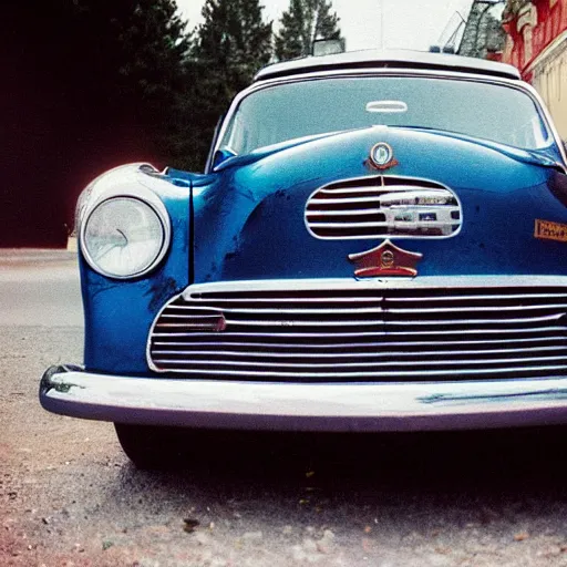 Image similar to close-up shot of car in russian small town, low angle, velvia film, cinestill,f 1,6, blur, by William Eaglstone