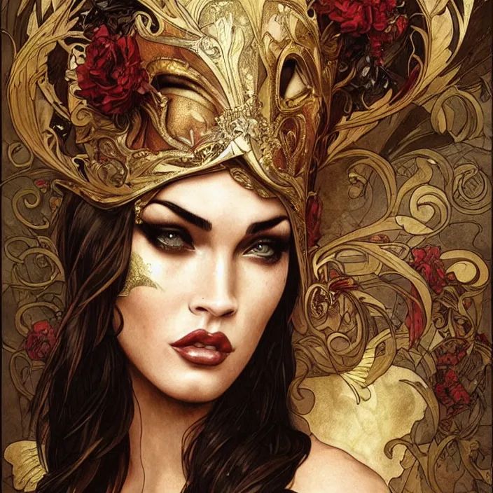 Image similar to megan fox wearing venetian carnival masks by artgerm, greg rutkowski, alphonse mucha