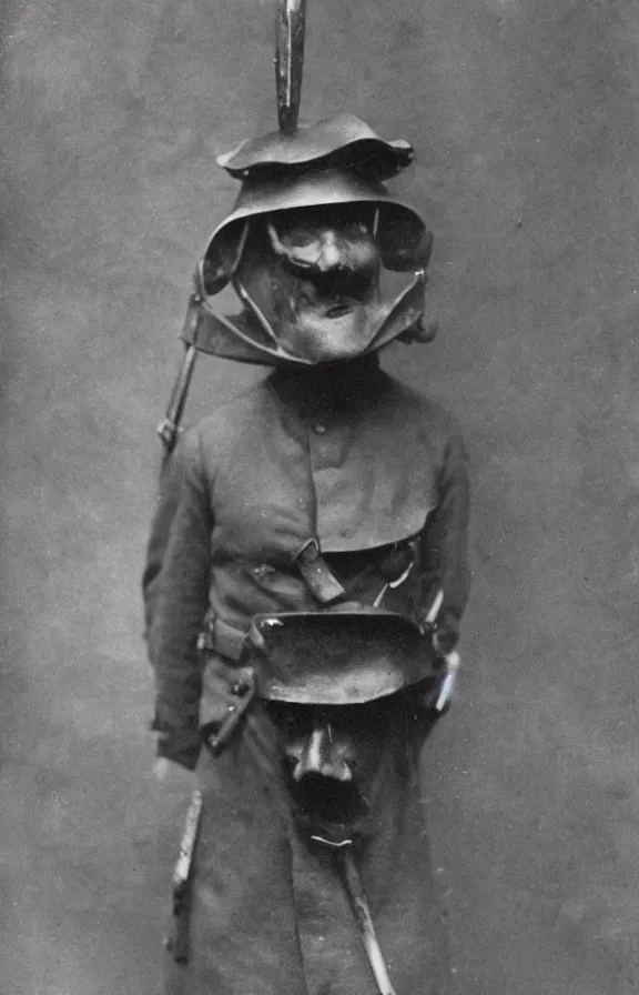 Prompt: person wearing executioner mask, ww1 photo, grainy, high detail, high resolution