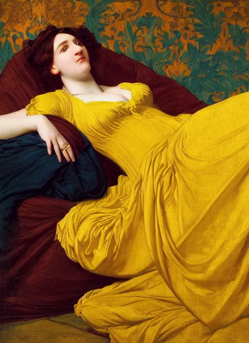 Prompt: masterpiece portrait of lady reclining on bed draping flowing sheets wearing yellow ochre ornate medieval dress, vertical, foreshortening, colour photography by frederic leighton, william morris, 8 k