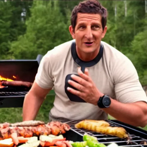 Image similar to film still of bear grylls dressed as a bear at a bbq grill party