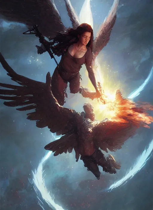 Image similar to 4k Angel coming down to save humanity , art by greg rutkowski, art by craig mullins, art by thomas kincade, art by Yoshitaka Amano