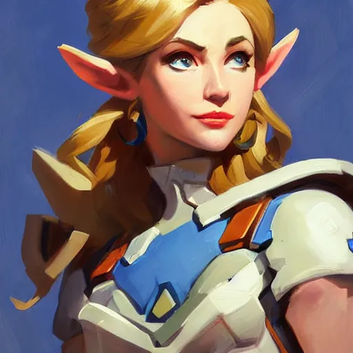 Image similar to greg manchess portrait painting of zelda as overwatch character, medium shot, asymmetrical, profile picture, organic painting, sunny day, matte painting, bold shapes, hard edges, street art, trending on artstation, by huang guangjian and gil elvgren and sachin teng