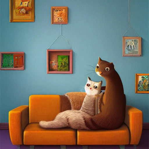 Image similar to cat sitting on sofa, children book illustration by gediminas pranckevicius