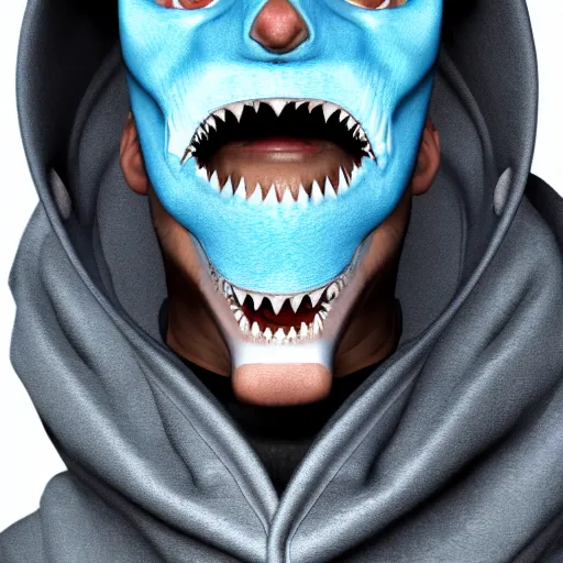 Image similar to a highly detailed, portrait of a man with black hair with a black medical mask, in a hood in the form of a blue shark with white teeth, artstation, DeviantArt, professional, octane render, digital art