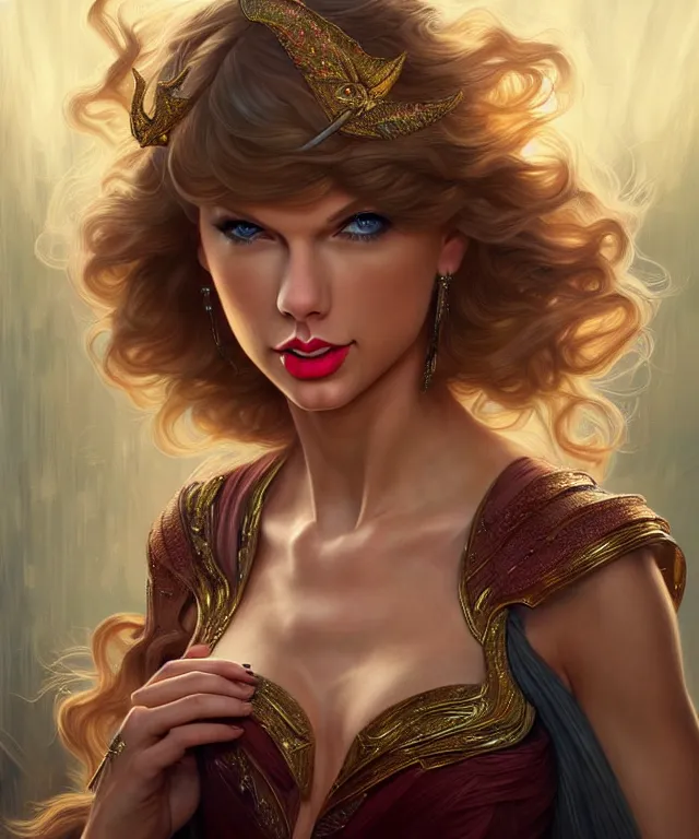 Image similar to Taylor Swift as a fantasy magic woman portrait, sci-fi, amber eyes, face, long hair, fantasy, intricate, elegant, highly detailed, digital painting, artstation, concept art, smooth, sharp focus, illustration, art by artgerm and greg rutkowski and alphonse mucha