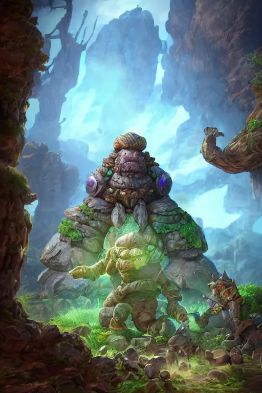 Image similar to zelda fantasy art giant golem troll wood rock greeble gemstone, global illumination ray tracing hdr fanart arstation by sung choi and eric pfeiffer and gabriel garza and casper konefal