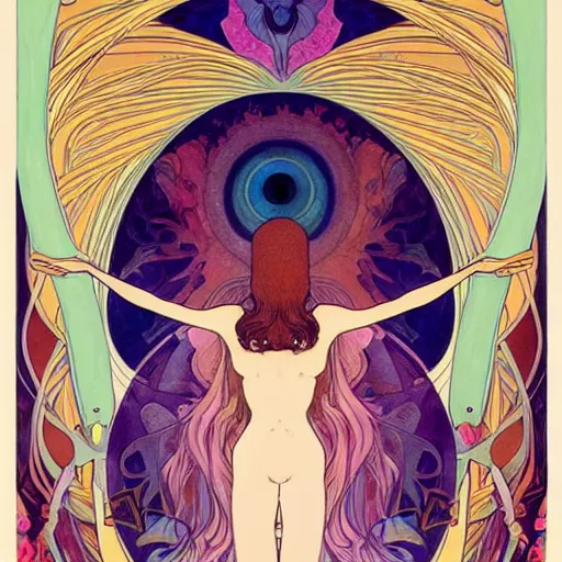 Prompt: The Goddess of Creation, beautiful eyes, symmetrical face, paint, ink, palettes, spectrum, in the style of Joshua Middleton, Mucha, Kandinsky