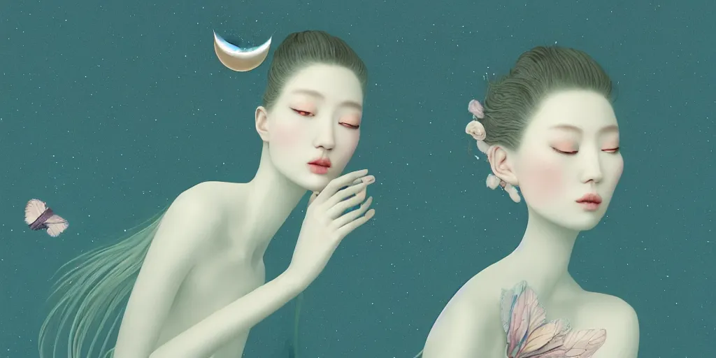 Image similar to breathtaking delicate creature with moon by hsiao - ron cheng, pattern, bizarre compositions, exquisite detail, pastel colors, 8 k