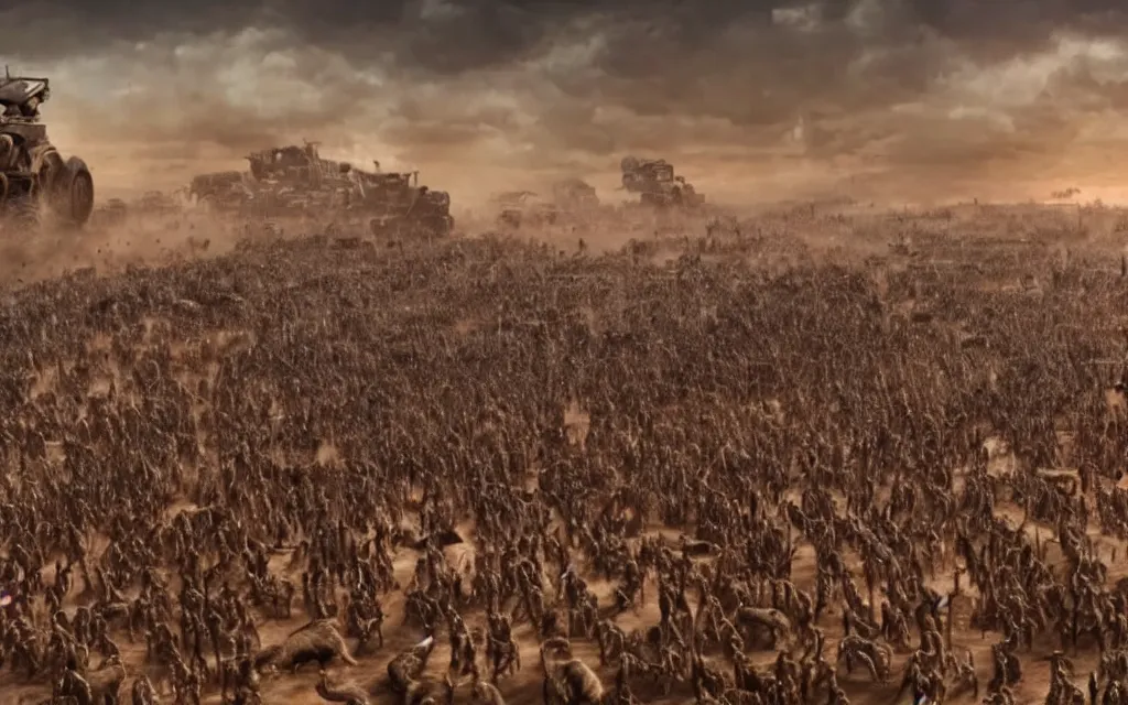 Prompt: a million cats forming a giant threatening mega cat, photorealistic render, mad max