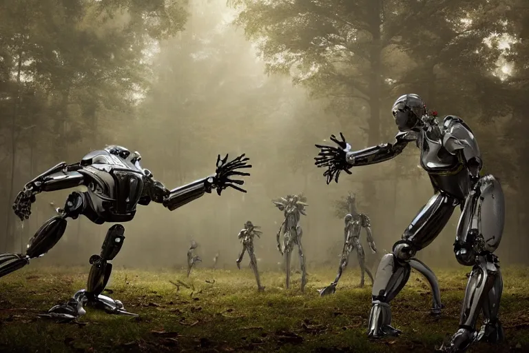 Prompt: 1 0 0 0 0 humanoid robots fighting in the forest, hyper realistic, ambient lighting, concept art, intricate, hyper detailed, smooth, dynamic volumetric lighting, octane, raytrace, cinematic, high quality, high resolution, 4 k, cgsociety, rutkowski, gurney, h. r. giger, cylon
