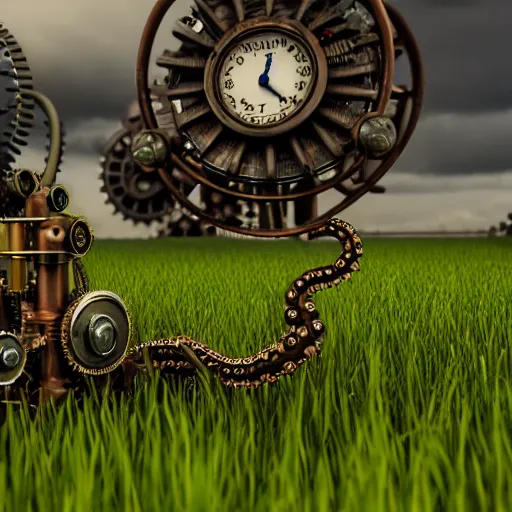 Prompt: steampunk machine with tentacles on a grass field, hyperreal, octane 8 k render