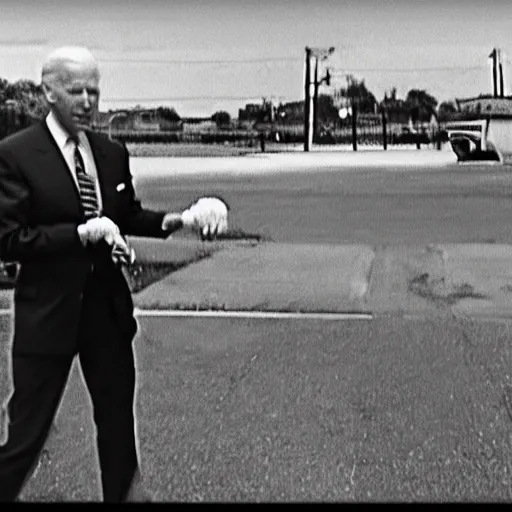 Prompt: cctv footage from 1 9 5 0 of joe biden fighting corn pop in the parking lot. corn pop was a real bad dude