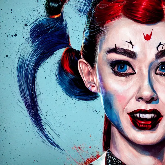 Image similar to portrait of Audrey Hepburn as a harley quinn. intricate abstract. intricate artwork. by Tooth Wu, wlop, beeple, dan mumford. octane render, trending on artstation, greg rutkowski very coherent symmetrical artwork. cinematic, hyper realism, high detail, octane render, 8k, iridescent accents