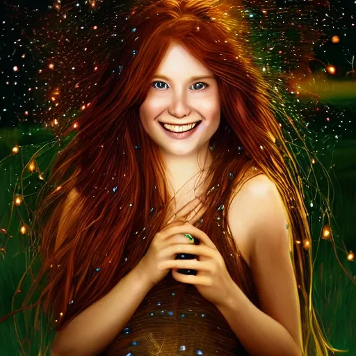 Prompt: highly detailed sharp wallpaper portrait of a red haired girl softly smiling among fireflies, with long hair, green eyes, round face, hint of freckles, intricate details, dramatic light, golden ratio, hyper realistic digital art