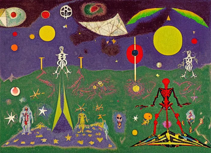 Image similar to pixel decollage painting tarot lovers card composition tower of babel road red armor wonky alien frog and maggot vampire clown knight on a skeleton pale horse in a dark green cloudy night sky with golden foil jewish stars and diamonds, mountain lake and blossoming field in background, painted by Mark Rothko, Helen Frankenthaler, Danny Fox and Hilma af Klint, pixelated, neo expressionism, semi naive, pastel colors, cinematic, color field painting, cave painting, voxel, pop art look, outsider art, minimalistic. Bill Traylor painting, part by Philip Guston, Amano and Francis Bacon. art by Adrian Ghenie and Storm Thorgerson, very coherent symmetrical artwork, cinematic, hyper realism, high detail, octane render, unreal engine, Smooth gradients, depth of field, full body character drawing, extremely detailed, 8k, extreme detail, intricate detail, masterpiece