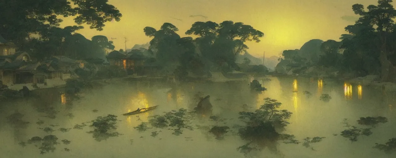 Prompt: a beautiful painting of an acient japanese town nearby a small river in the evening by alfons maria mucha and ivan aivazovsky, ultra detailed, volumetric lighting,