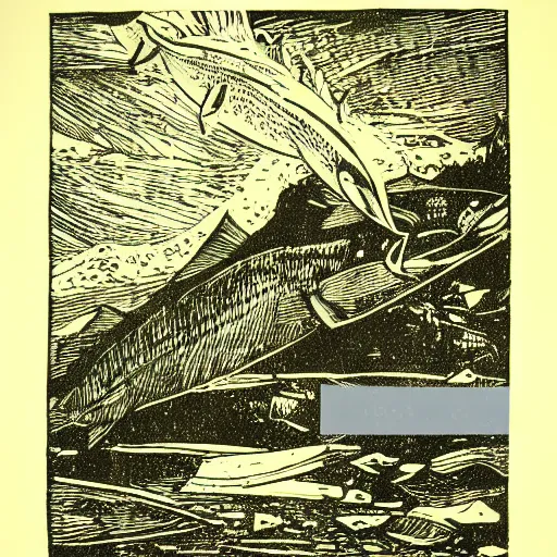Prompt: linoprint of a salmon breaking ice on the river ex libris