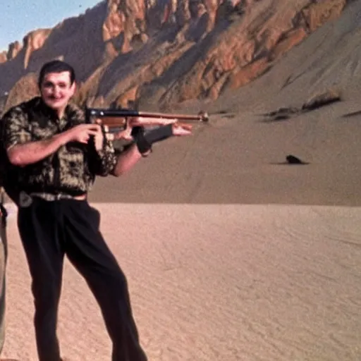 Prompt: george soros wrestling posing with an ak 4 7 in the desert anime stlye