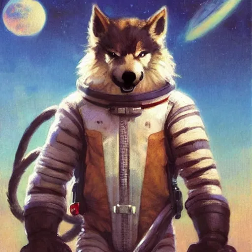 Prompt: wolfman furry fursona spacesuit fluffy head, gaston bussiere, artgerm, greg rutkowski, john berkey, ruan jia, jack kirby, marvel