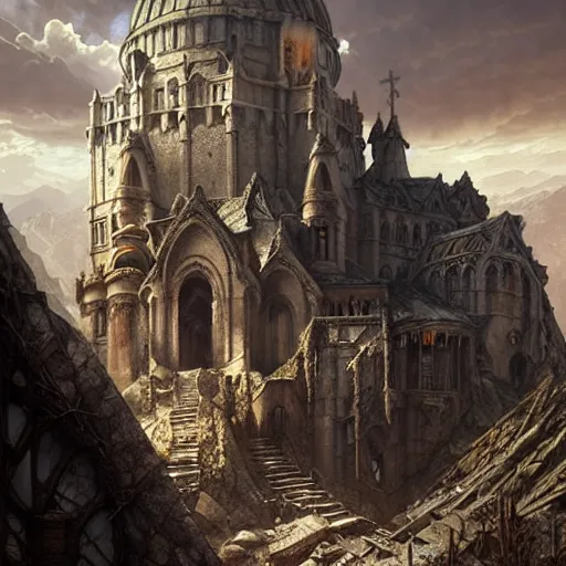 Image similar to concept art of a ruined post - apocalyptic monastery at the top of a mountain, ultra realistic, concept art, intricate details, eerie, highly detailed, photorealistic, octane render, 8 k, unreal engine. art by artgerm and greg rutkowski and alphonse mucha