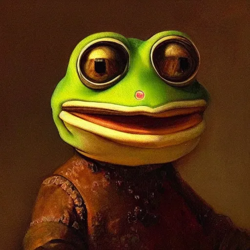 Prompt: anthropomorphic pepe the frog proudly posing for a portrait, painted by rembrandt intricate ultra detailed painting atmospheric lighting golden hour