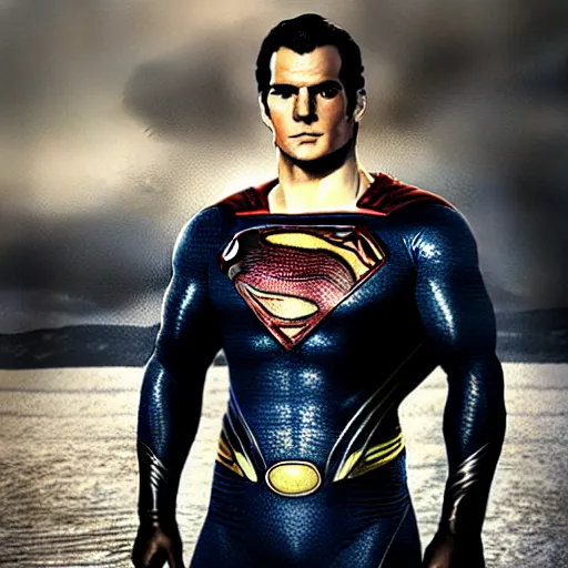 Image similar to henry cavill superman portrait, dramatic light, lake background, 2 0 0 mm focal length, painted by stanley lau, painted by greg rutkowski, painted by stanley artgerm, digital art, trending on artstation