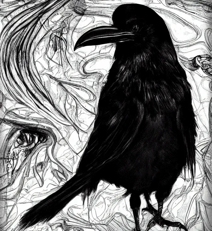 Prompt: raven bird, epic digital art, realistic, extreme detail, by edvard munch of artistic form coming into being as two elements are successfully fused.