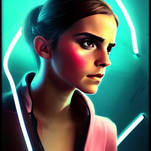 Prompt: Portrait of Emma Watson, cyberpunk style futuristic neon lights, artstation cgsociety masterpiece