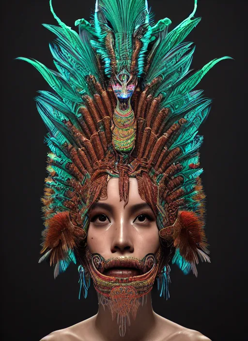 Image similar to 3 d mexican goddess medium shot portrait. beautiful intricate highly detailed quetzalcoatl mask and feathers. low - key lighting, bioluminescent, plasma, lava, ice, water, wind, creature, artwork by tooth wu and wlop and beeple and lee jeffries, 8 k trending on artstation,