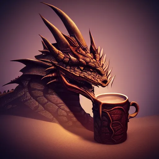 Prompt: “ a sad disappointed dragon sits and looks into a coffee mug, face portrait, unreal 5 engine render, concept art ”