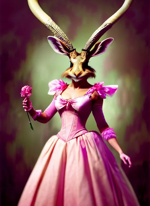 Image similar to a beautiful closeup shot from a fantasy film of a humanoid jackalope wearing a pink ballgown, anthropomorphic jackalope, full body portrait, joseph ducreux, greg rutkowski.